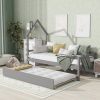 Twin House Wooden Daybed with trundle, Twin House-Shaped Headboard bed with Guardrails,Grey