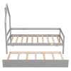 Twin House Wooden Daybed with trundle, Twin House-Shaped Headboard bed with Guardrails,Grey