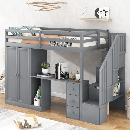 Twin Size Loft Bed with Wardrobe and Staircase;  Desk and Storage Drawers and Cabinet in 1