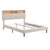 Queen Size Upholstered Platform Bed with Storage Headboard and USB Port, Linen Fabric Upholstered Bed