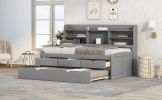 Twin Size Wooden Captain Bed with Built-in Bookshelves; Three Storage Drawers and Trundle