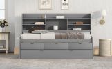 Twin Size Wooden Captain Bed with Built-in Bookshelves; Three Storage Drawers and Trundle