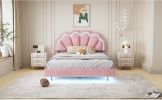 Full Upholstered Smart LED Bed Frame with Elegant Flowers Headboard,Floating Velvet Platform LED Bed with Wooden Slats Support